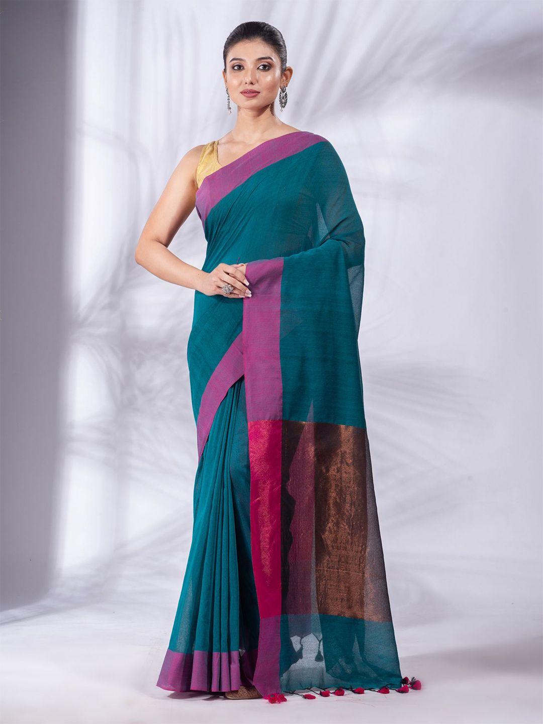 charukriti teal & pink colourblocked pure cotton saree