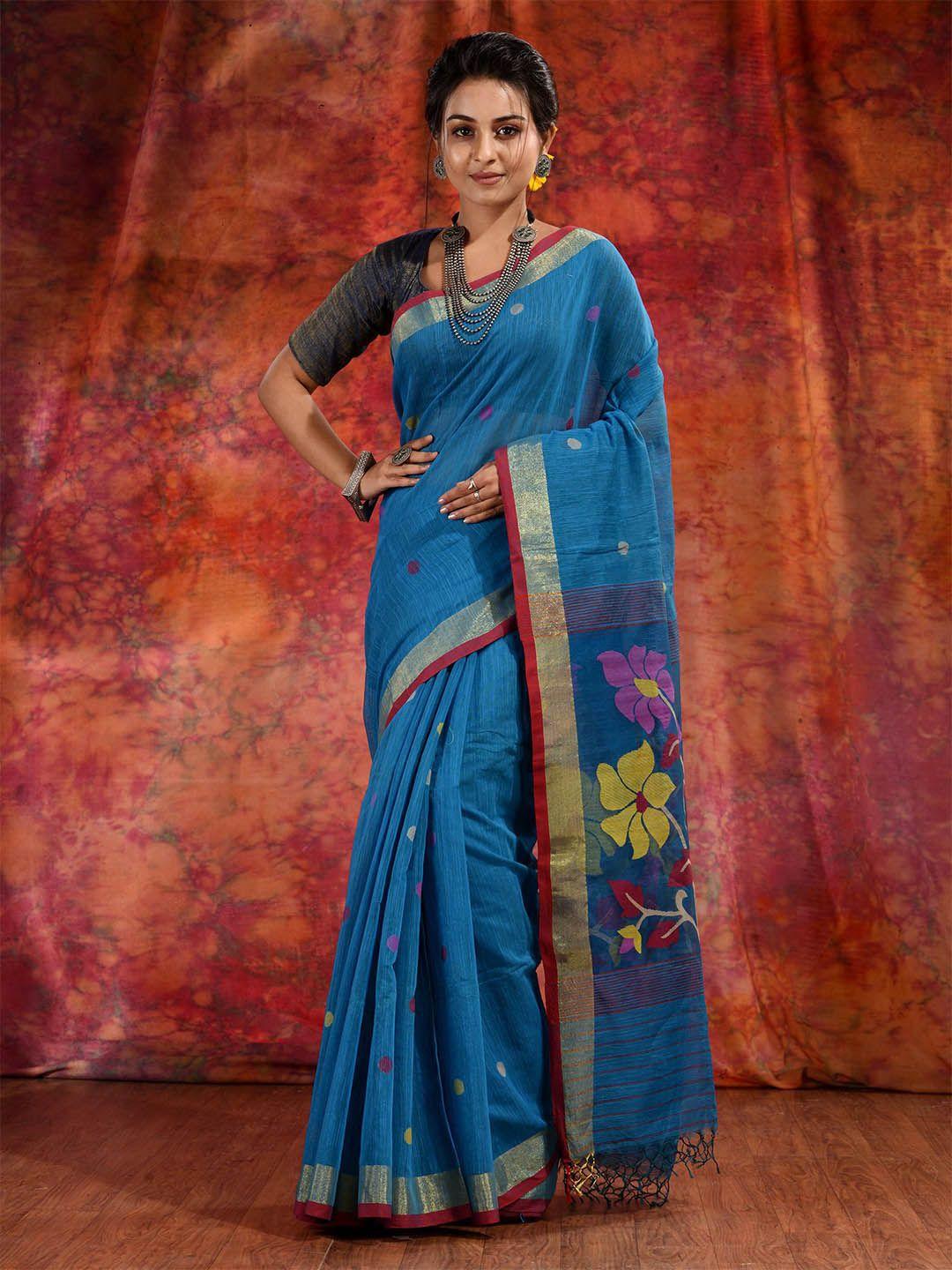 charukriti teal & pink floral woven design zari pure silk saree