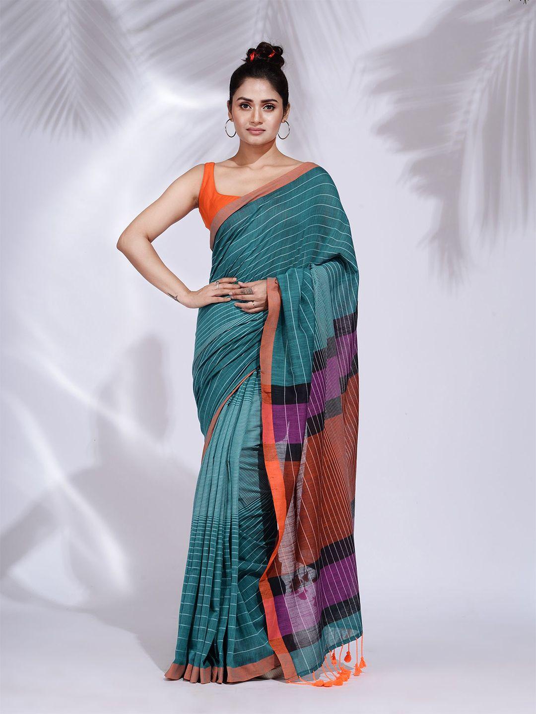 charukriti teal & purple striped pure cotton saree