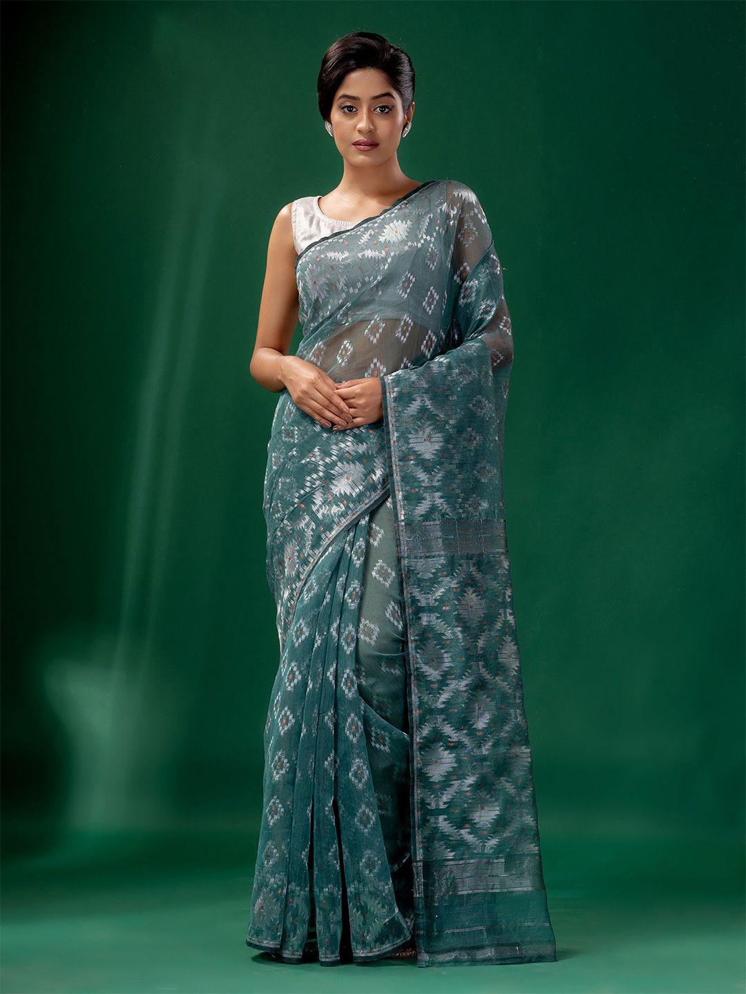 charukriti teal & silver-toned floral zari silk cotton jamdani saree