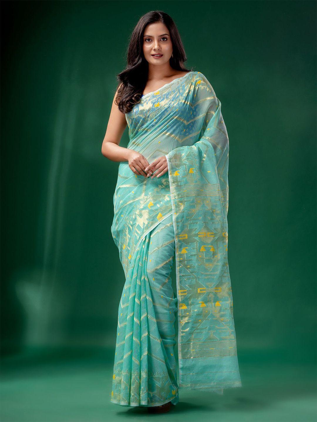 charukriti teal & silver-toned woven design zari silk cotton jamdani saree