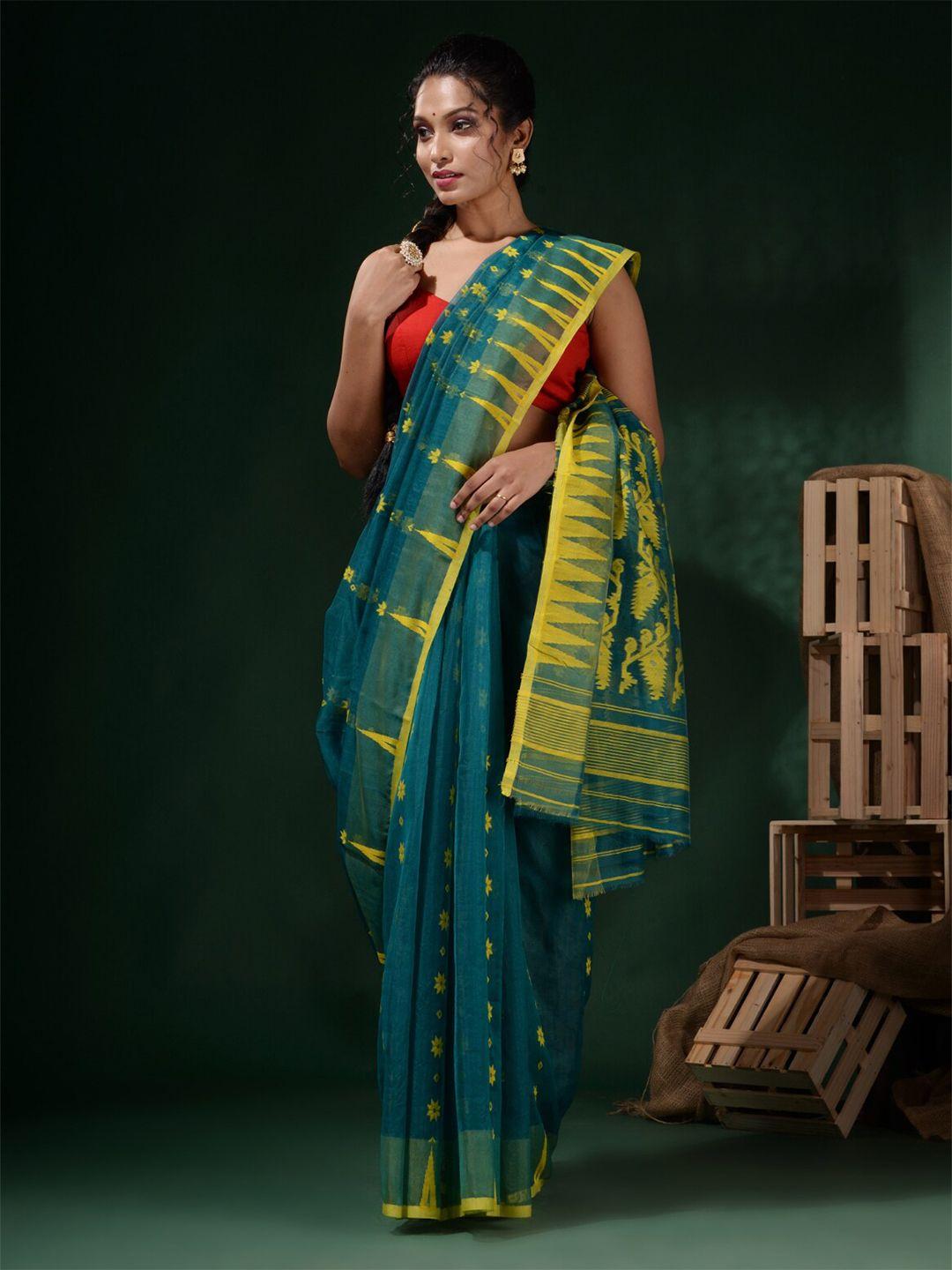 charukriti teal & yellow floral pure cotton jamdani saree