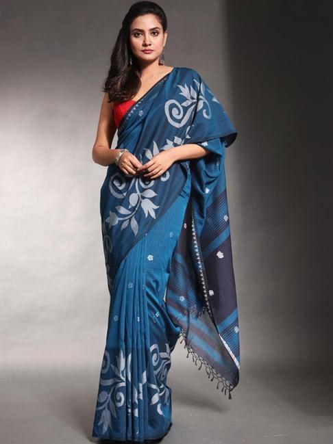 charukriti teal blue cotton floral print saree with unstitched blouse