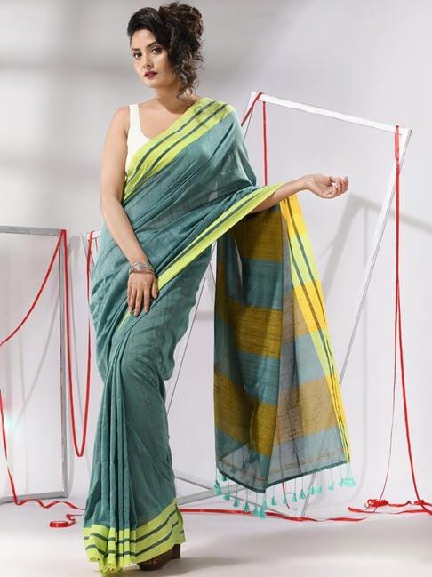 charukriti teal blue cotton striped saree with unstitched blouse