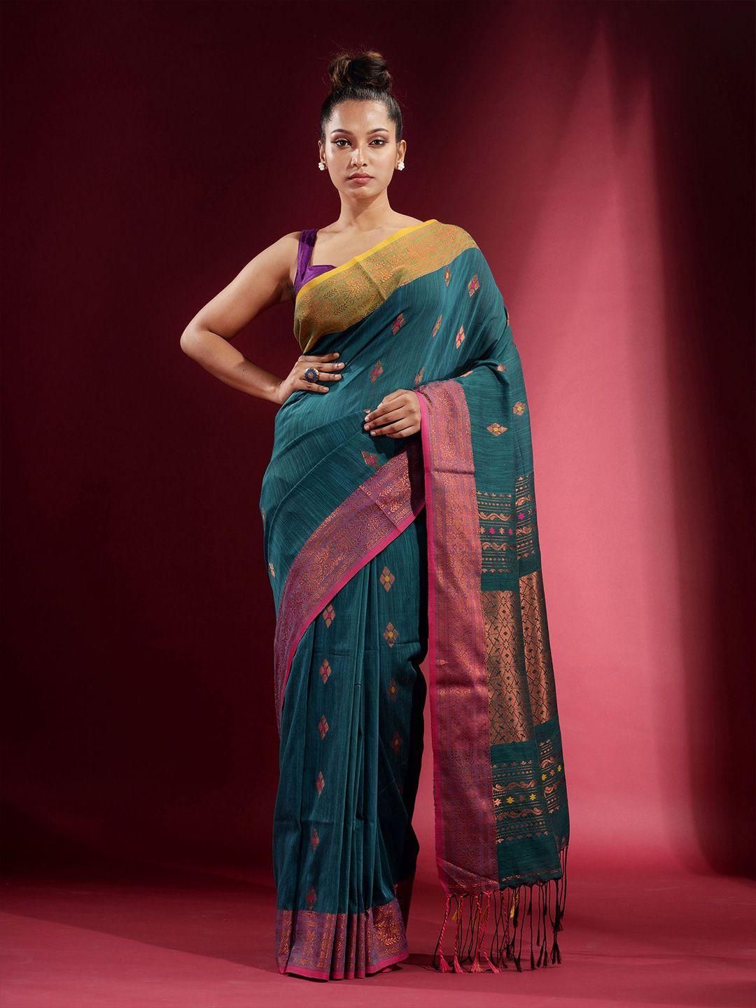 charukriti teal green & copper-toned woven design zari pure cotton saree