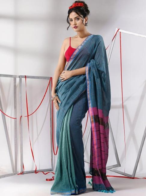 charukriti teal green & pink cotton embellished saree with unstitched blouse