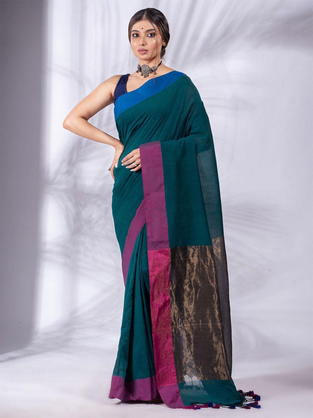 charukriti teal green & purple pure cotton saree