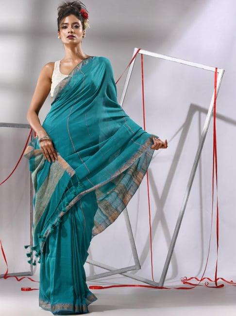 charukriti teal green cotton striped saree with unstitched blouse