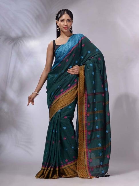 charukriti teal handwoven saree with blouse