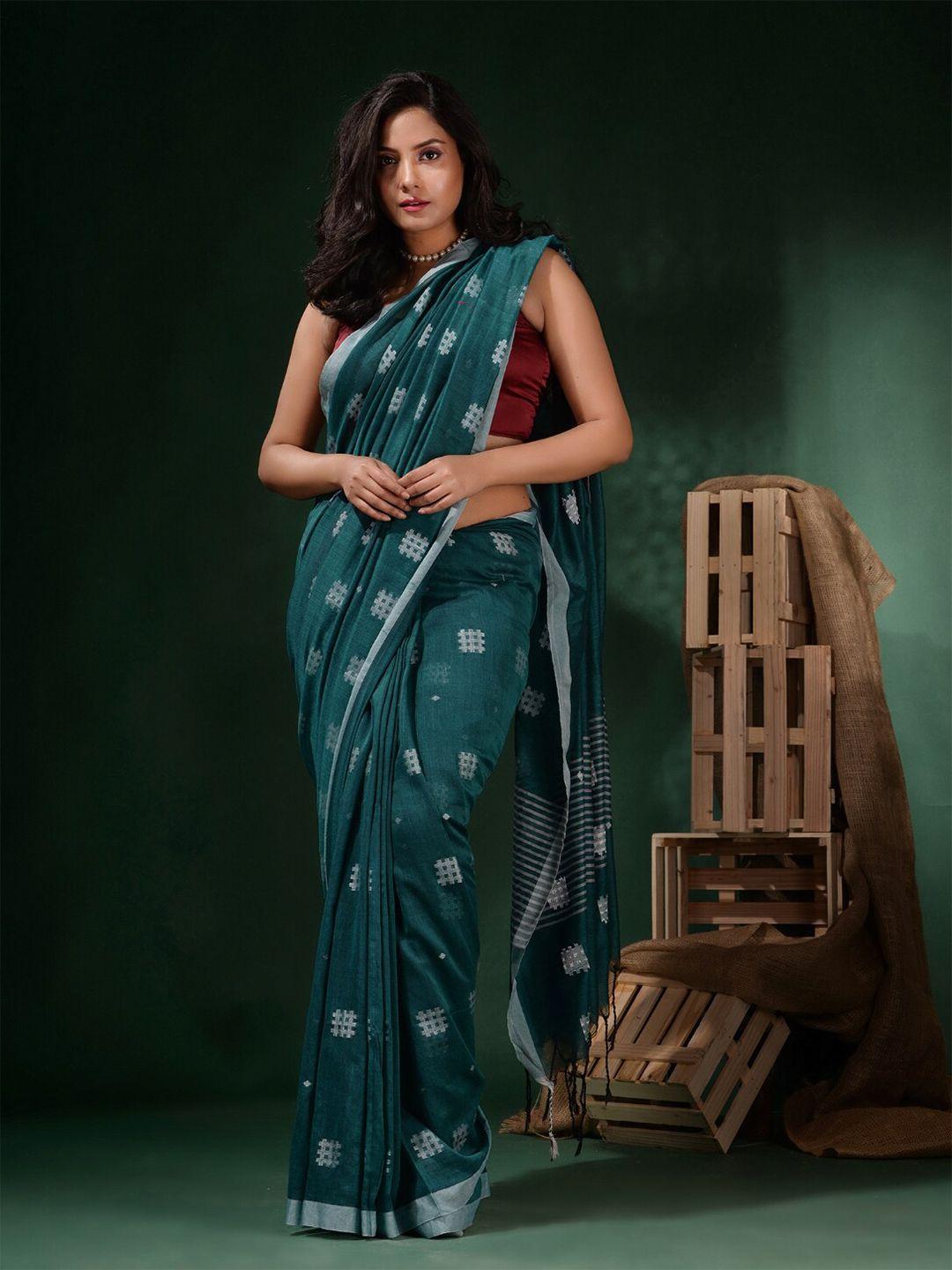 charukriti turquoise blue & white woven design pure cotton saree