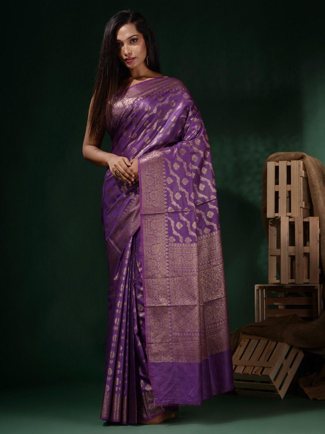 charukriti violet & gold-toned woven design zari silk blend saree