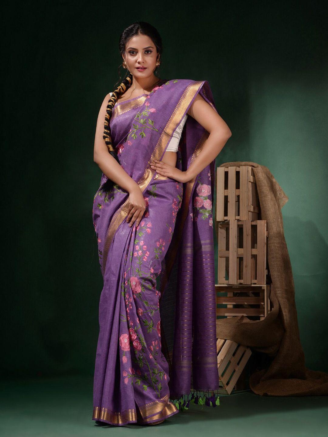 charukriti violet & pink woven design zari linen blend saree