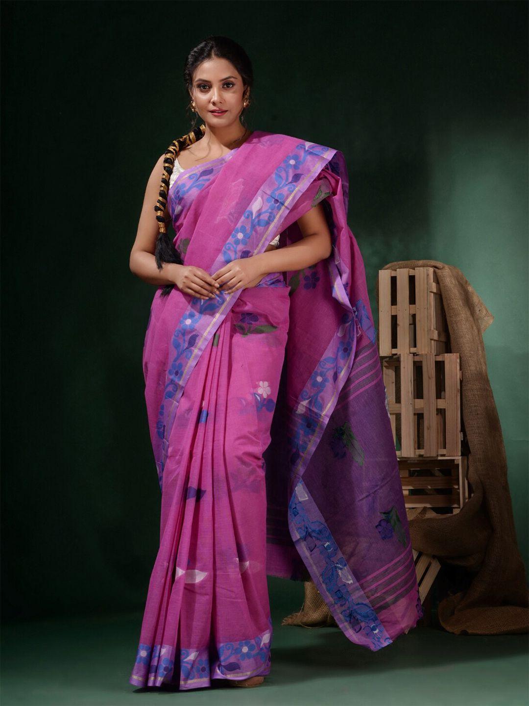 charukriti violet & purple floral pure cotton saree