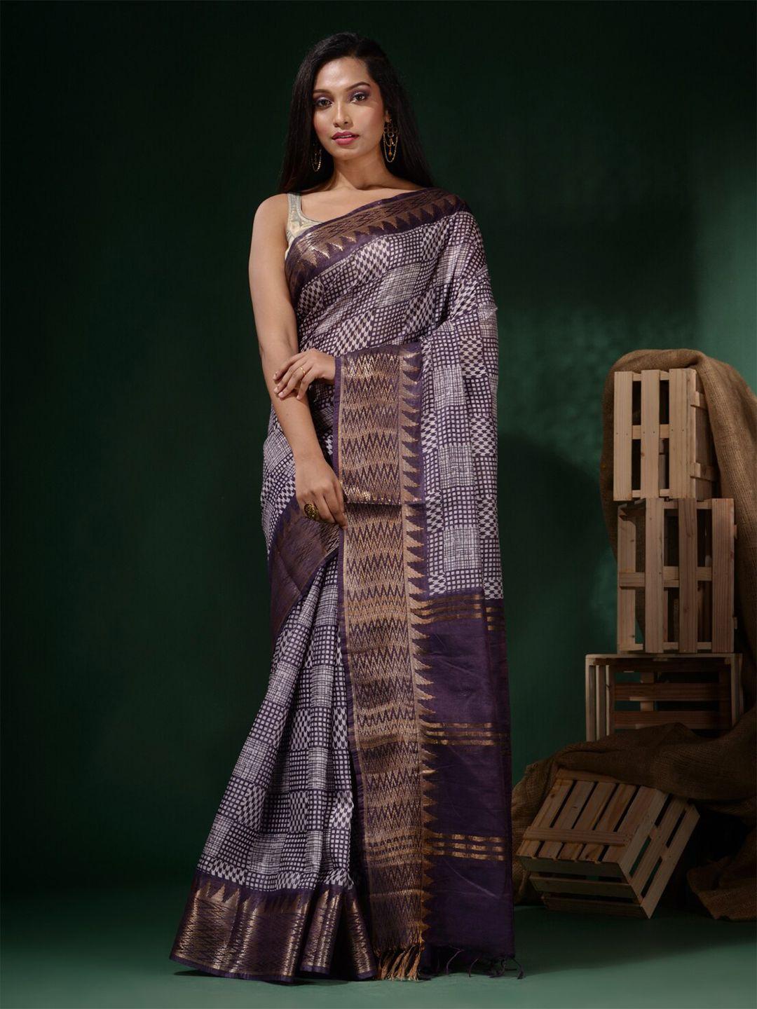 charukriti violet & white zari silk blend block print saree