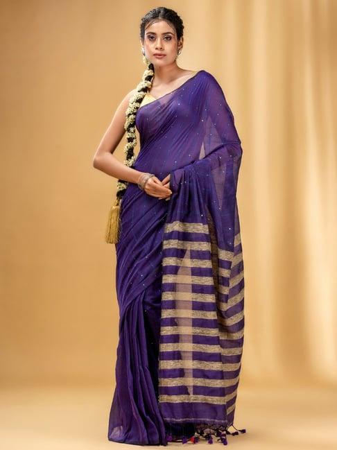 charukriti violet cotton striped saree with unstitched blouse