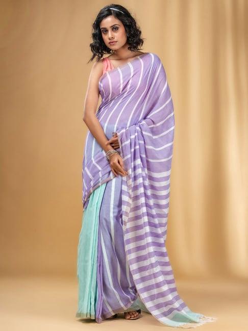 charukriti violet cotton striped saree with unstitched blouse