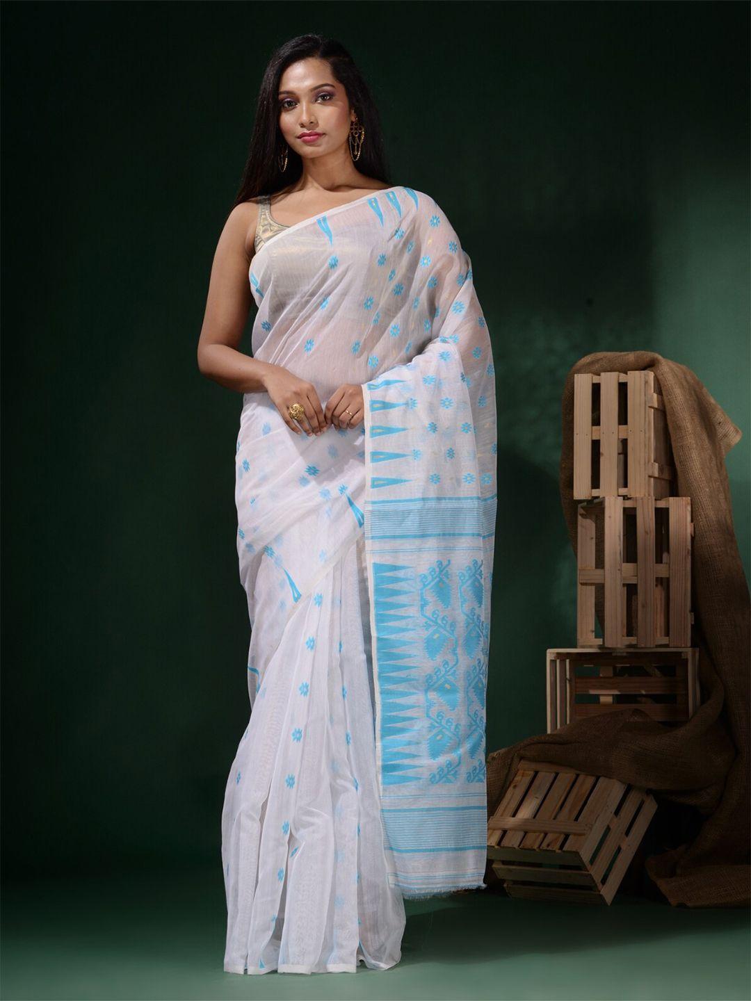 charukriti white & blue woven design pure cotton jamdani saree