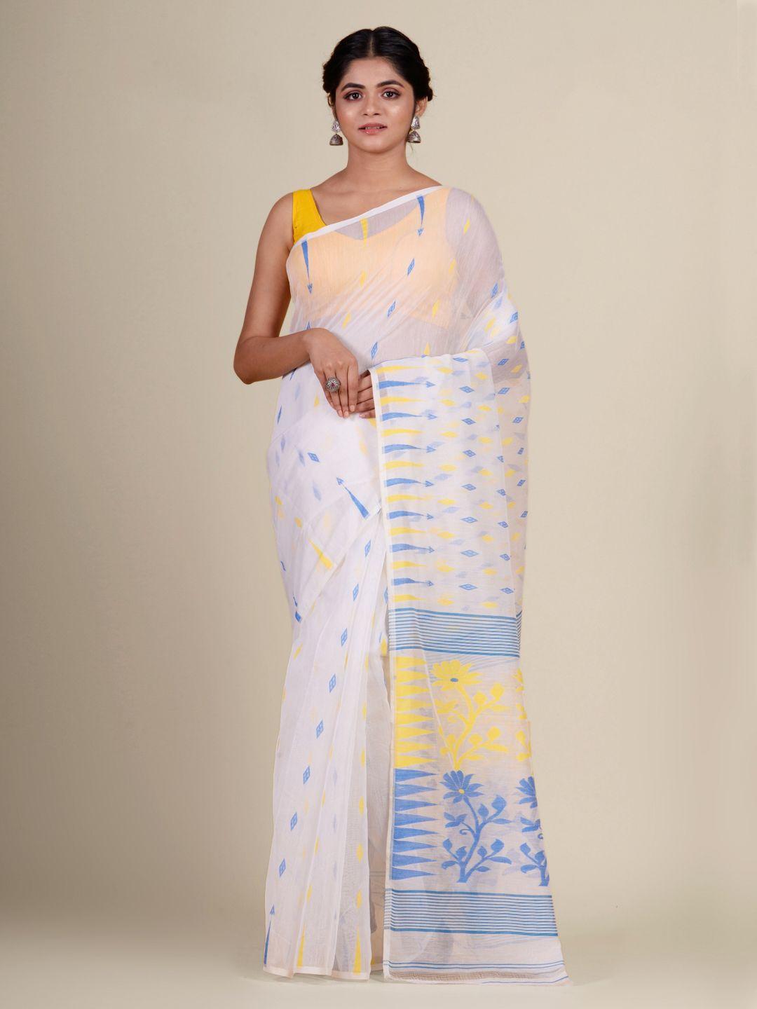 charukriti white & blue woven design silk cotton jamdani saree