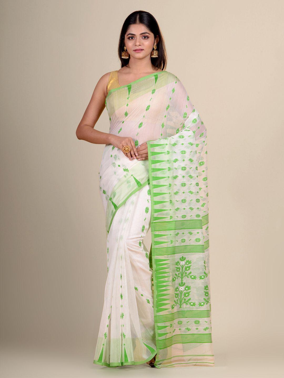 charukriti white & green floral woven design jamdani saree