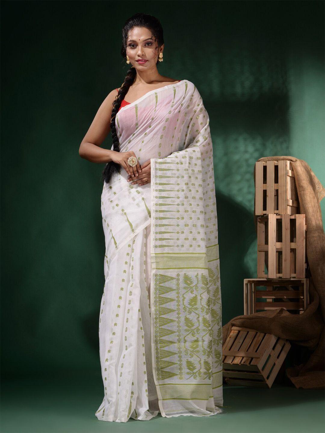 charukriti white & green woven design pure cotton jamdani saree