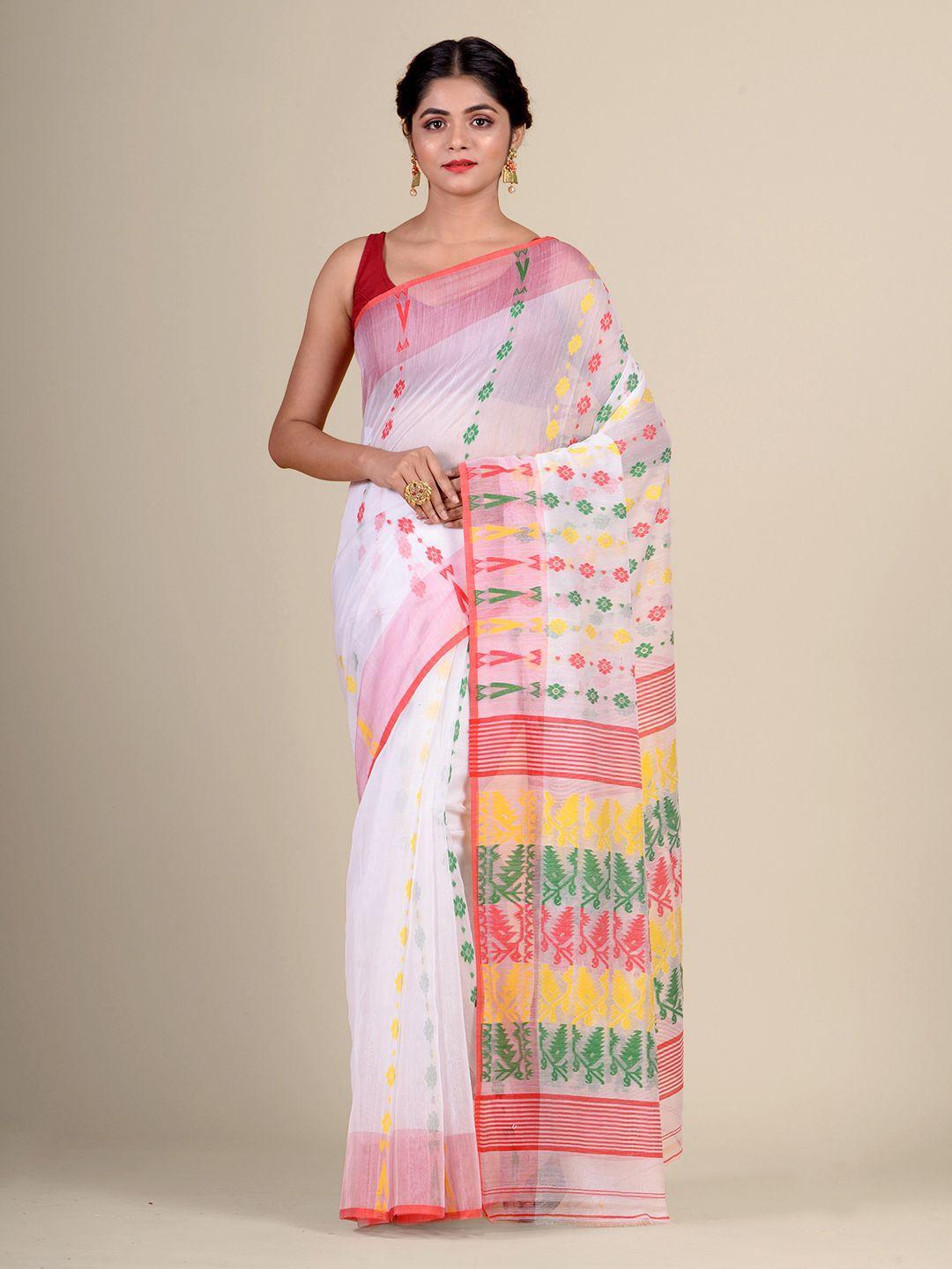 charukriti white & green woven design silk cotton jamdani saree