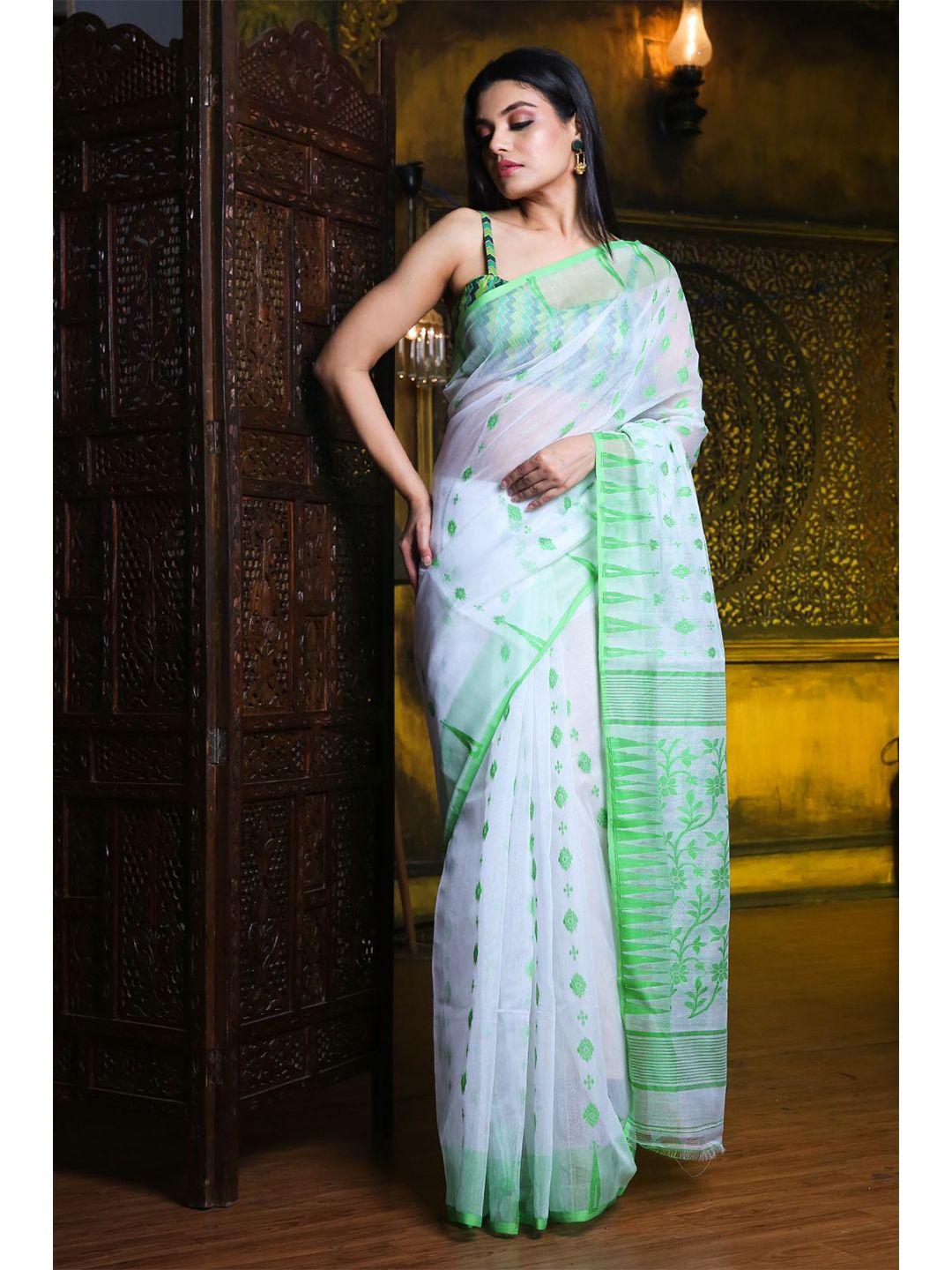 charukriti white & green woven design silk cotton jamdani saree