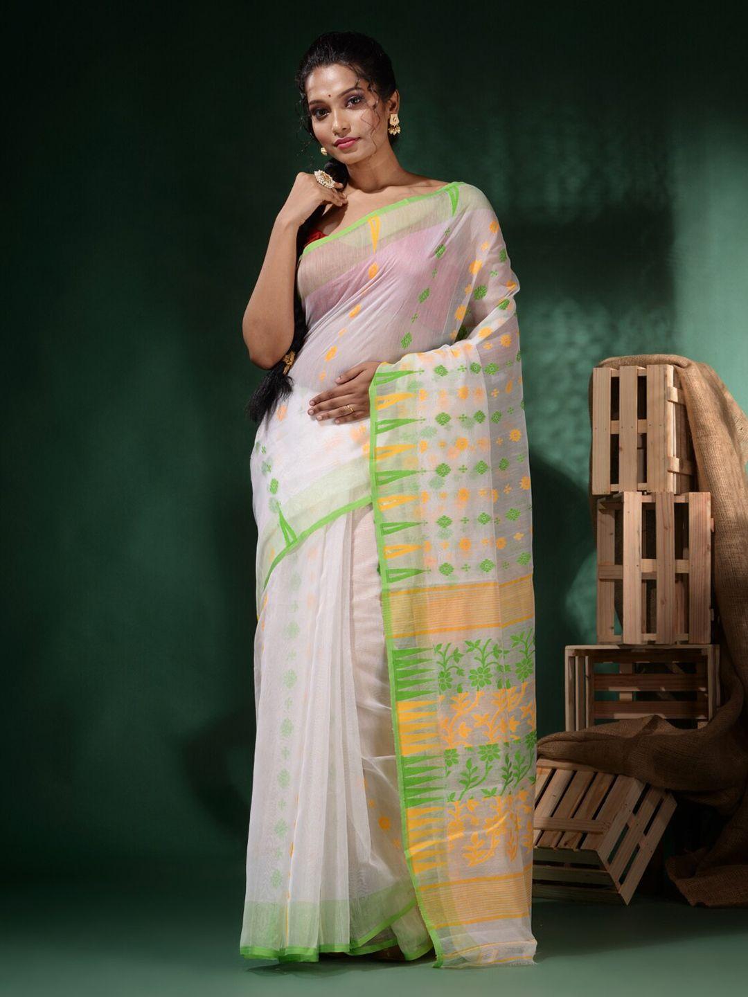 charukriti white & green woven design zari pure cotton jamdani saree