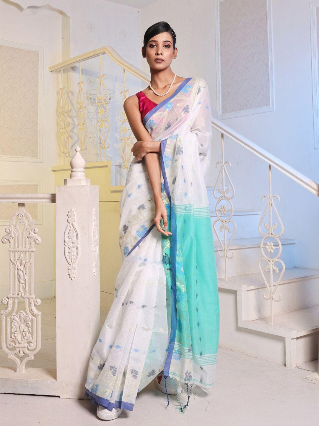 charukriti white & green woven design zari saree