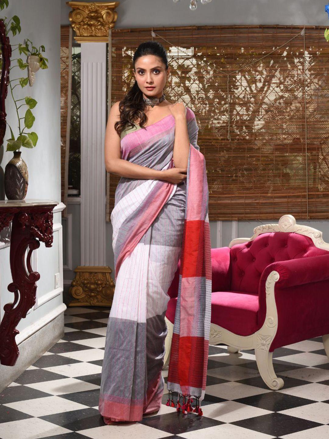 charukriti white & grey colourblocked handloom pure cotton saree