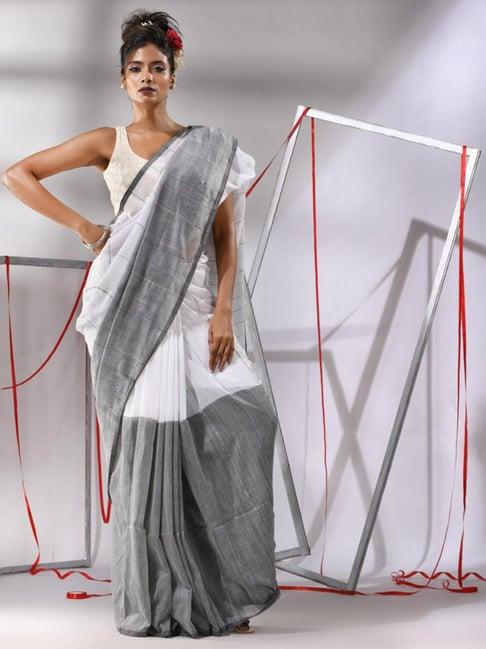 charukriti white & grey cotton embellished saree with unstitched blouse
