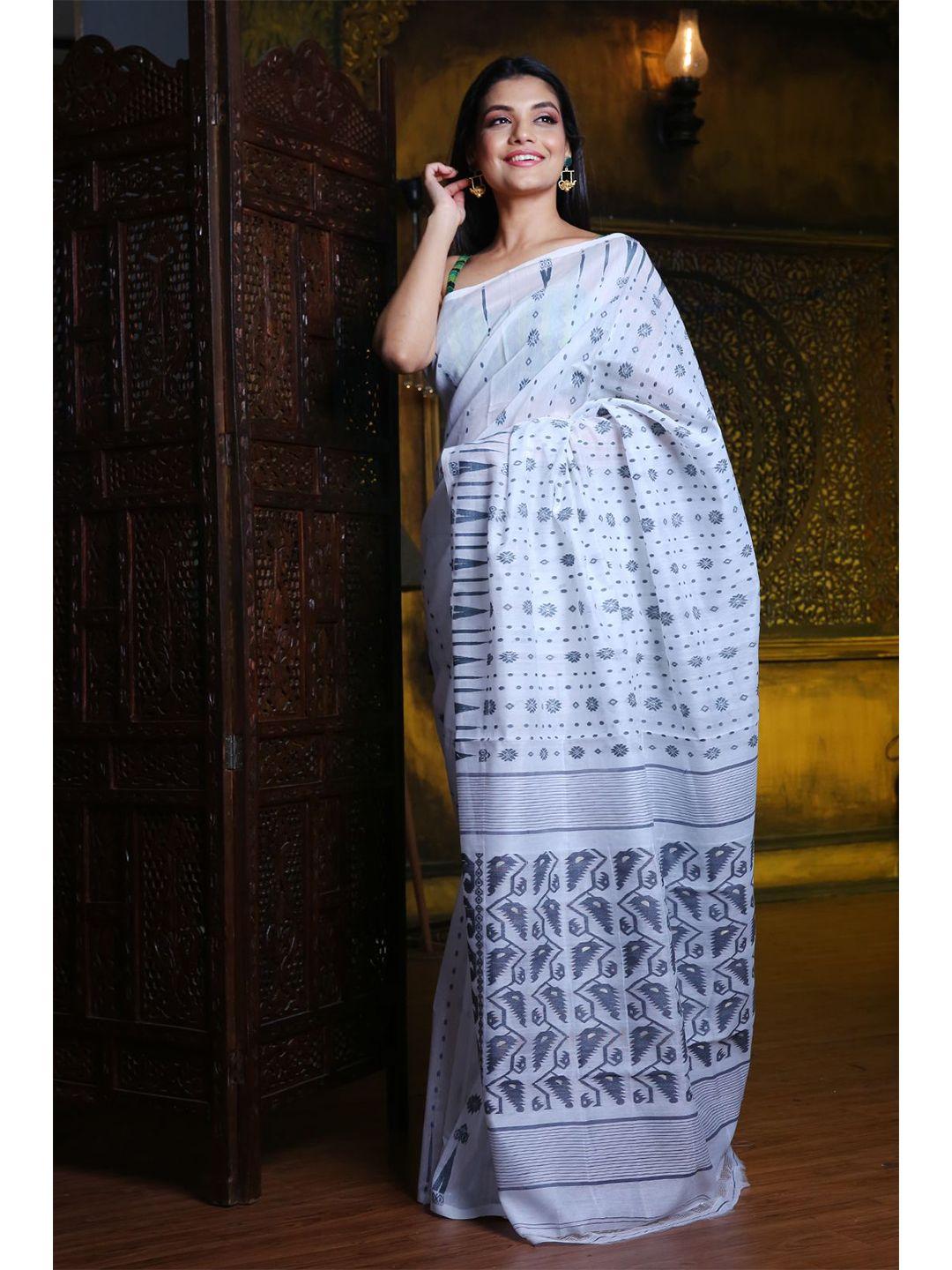 charukriti white & grey ethnic motifs silk cotton jamdani saree