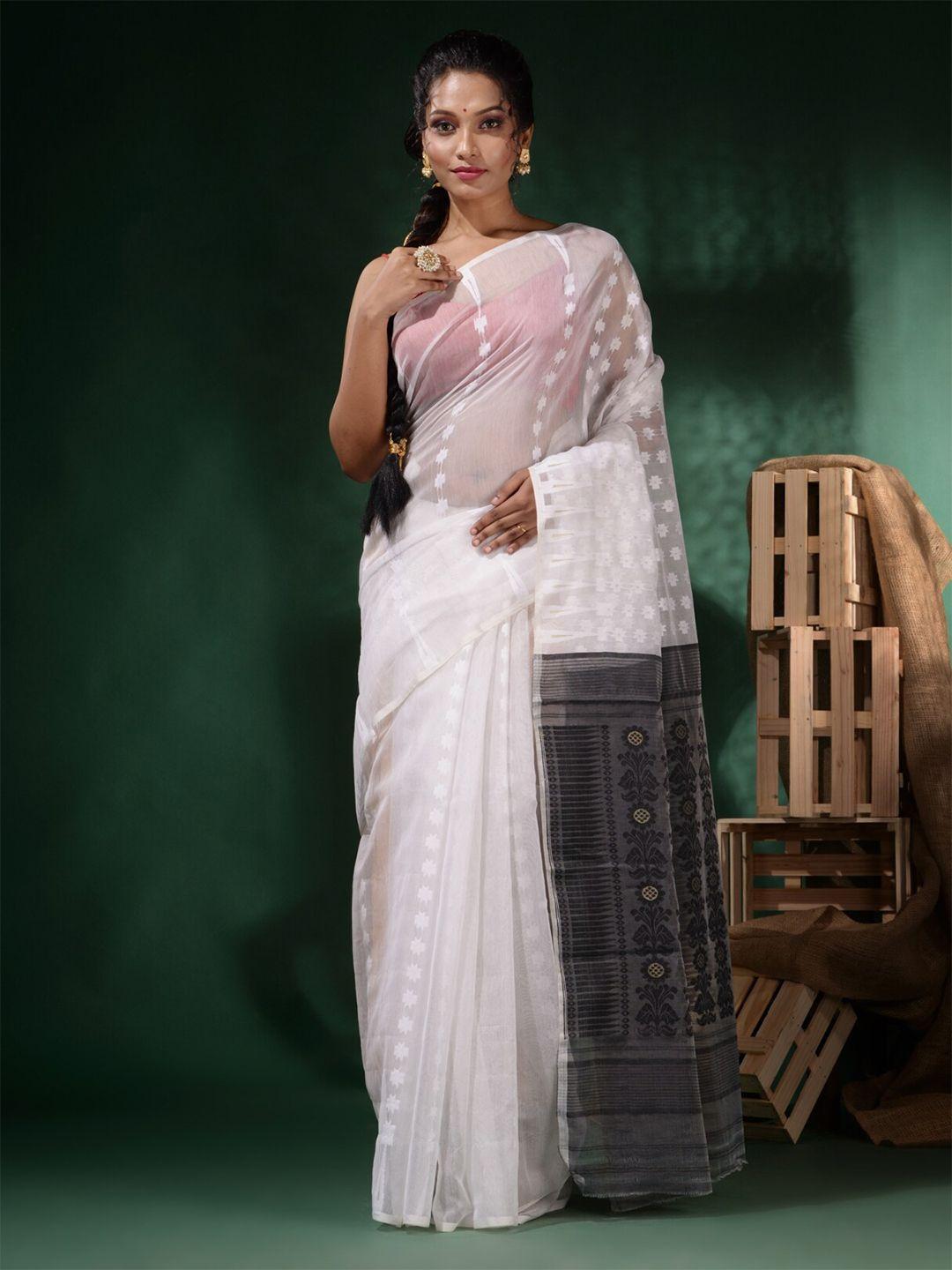 charukriti white & grey woven design pure cotton jamdani saree