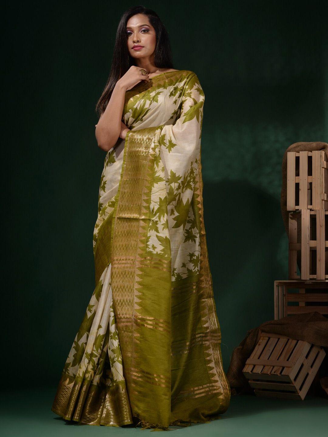 charukriti white & olive green floral zari silk blend handloom saree