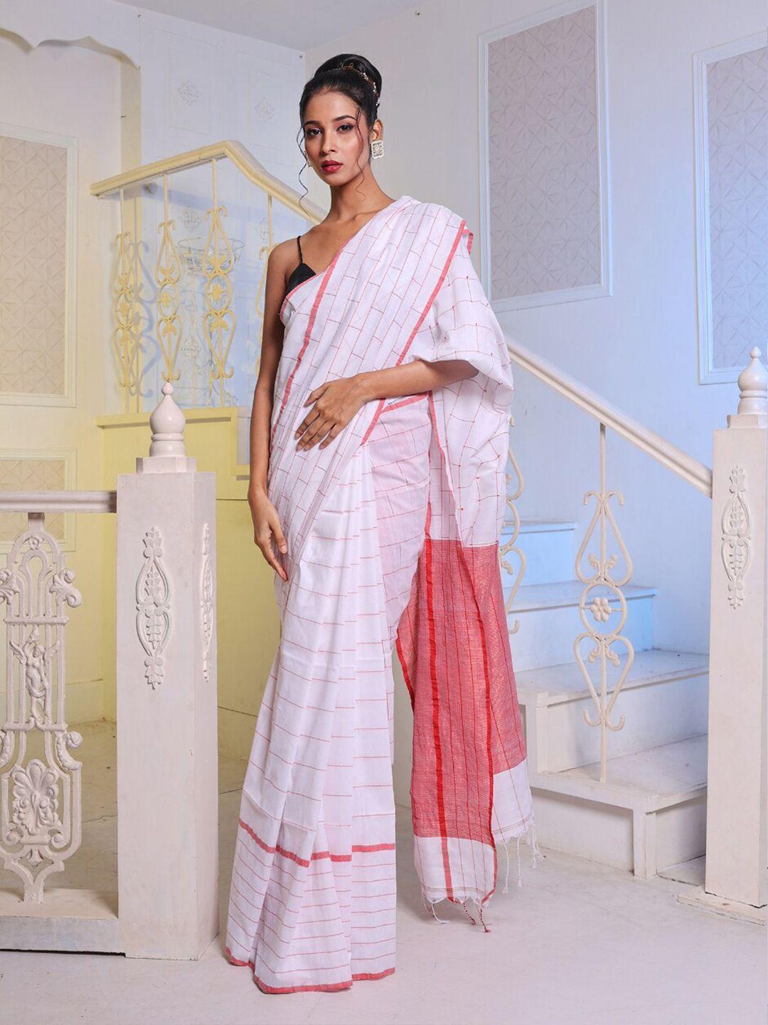 charukriti white & pink checked pure cotton saree