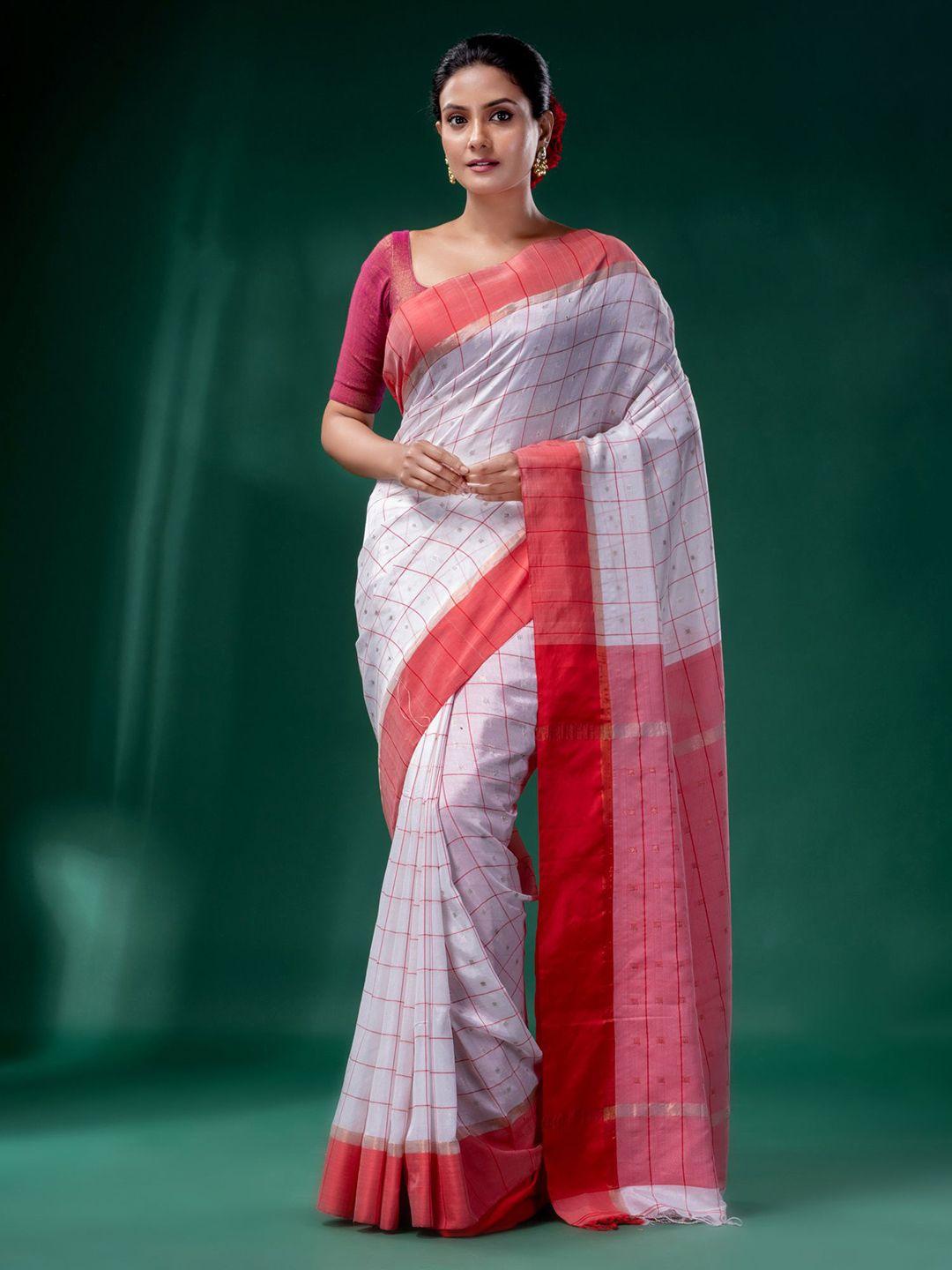 charukriti white & pink checked pure silk saree