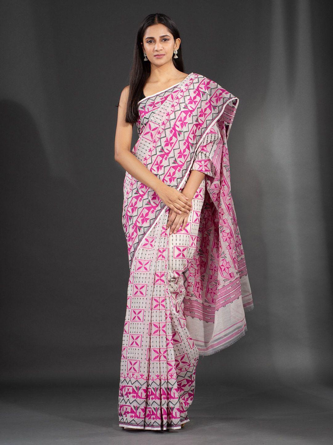 charukriti white & pink floral silk cotton jamdani saree