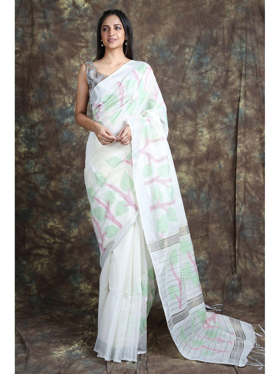 charukriti white & pink woven design saree