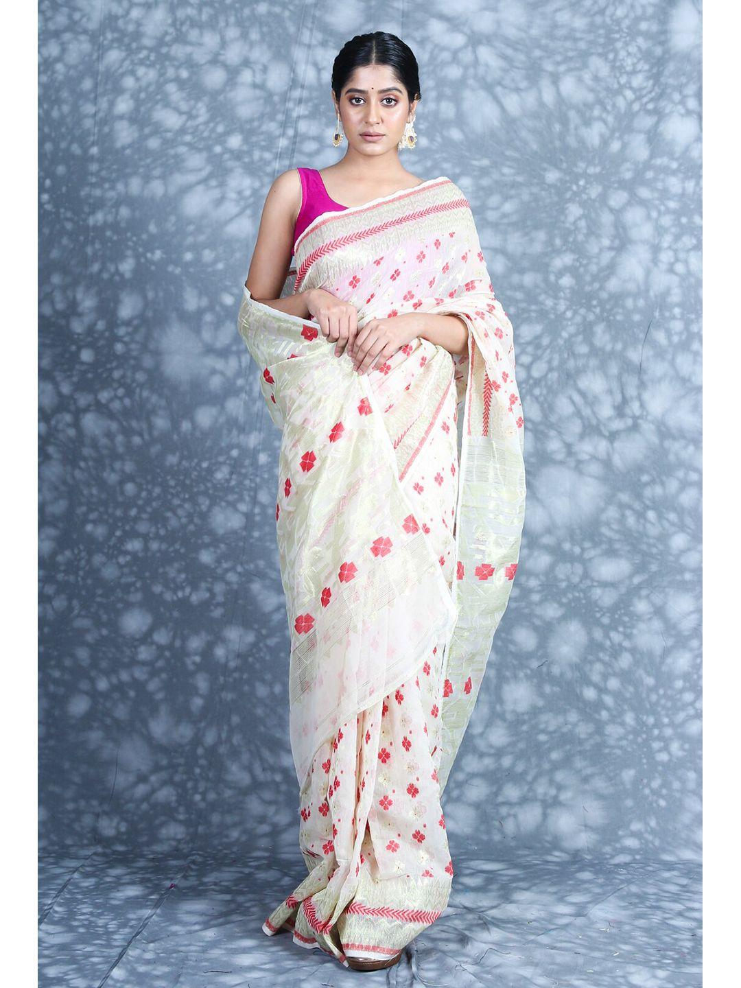 charukriti white & pink woven design silk cotton handloom jamdani saree