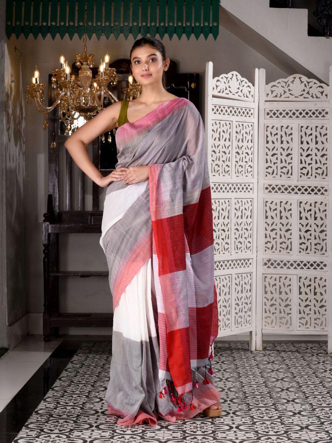 charukriti white & red colourblocked handloom pure cotton saree