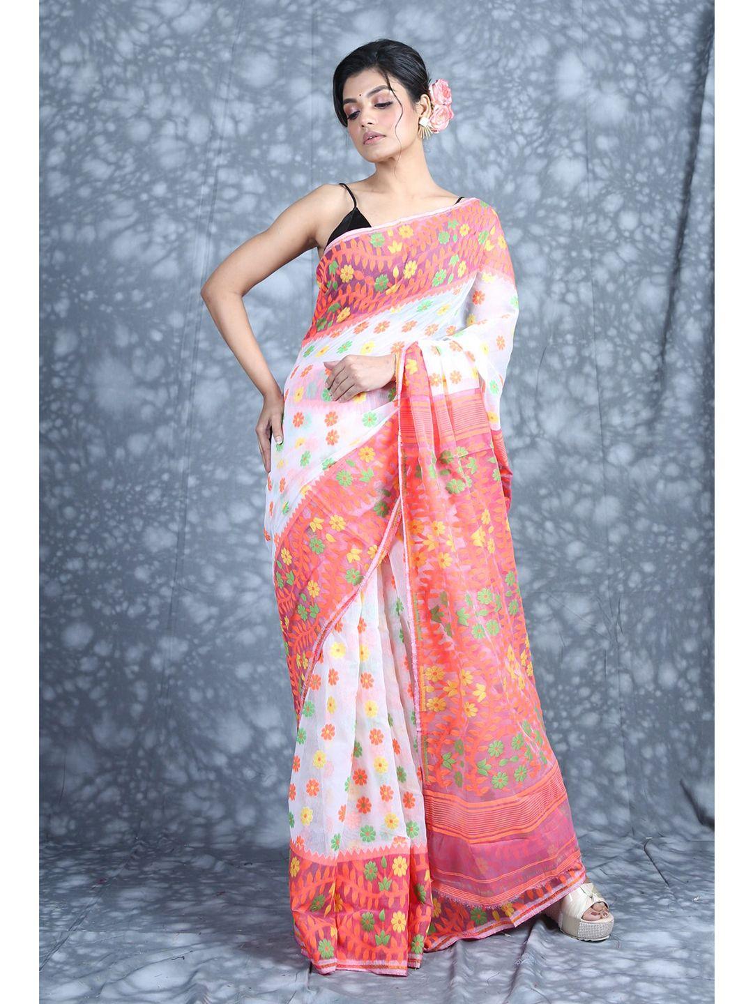 charukriti white & red floral silk cotton jamdani saree