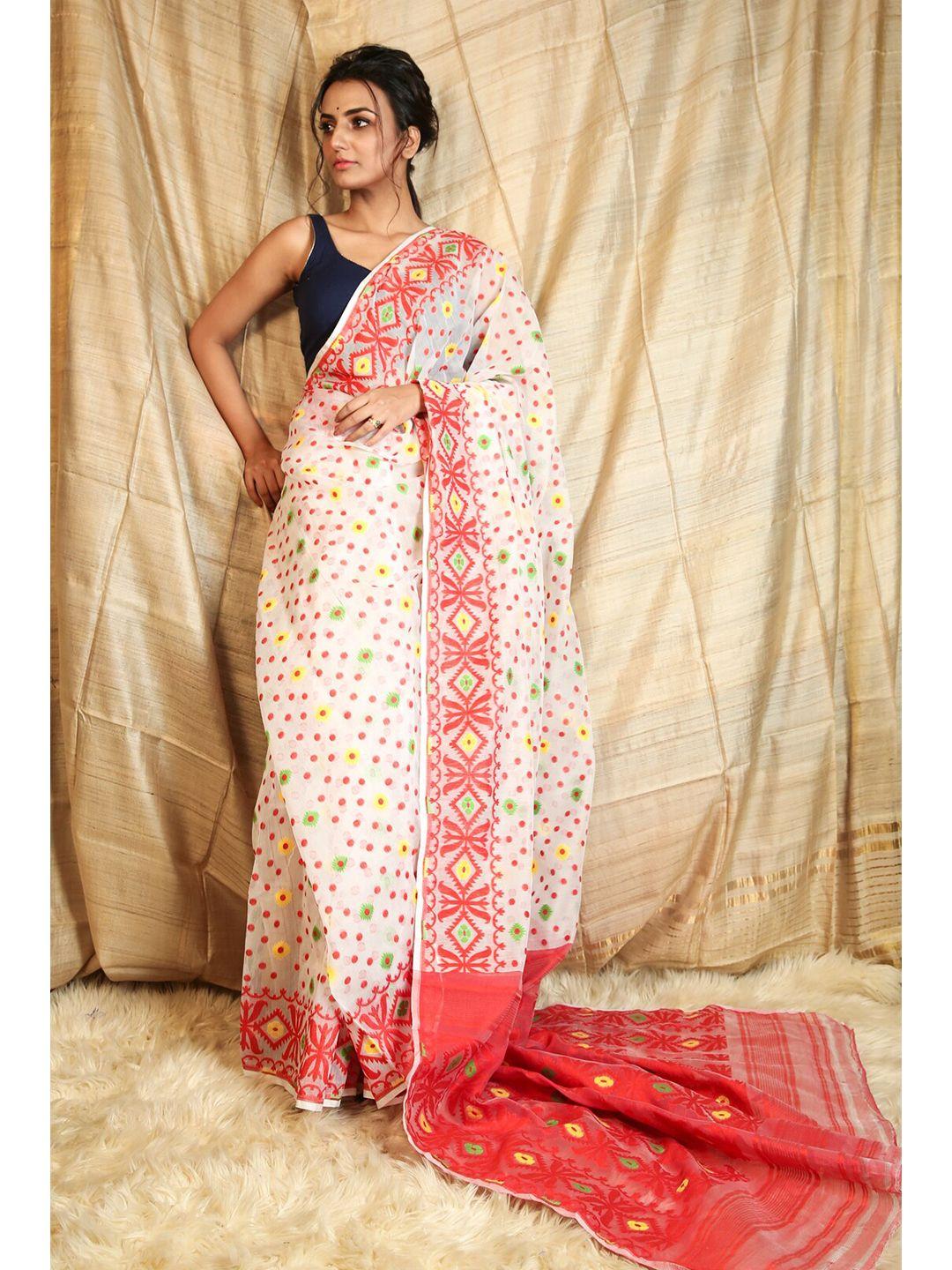 charukriti white & red printed silk cotton  jamdani saree