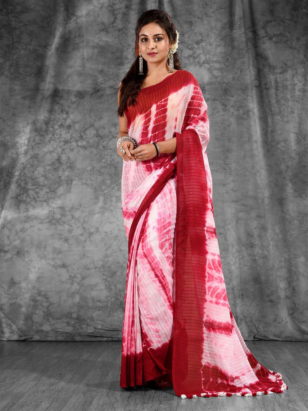 charukriti white & red tie and dye pure cotton saree