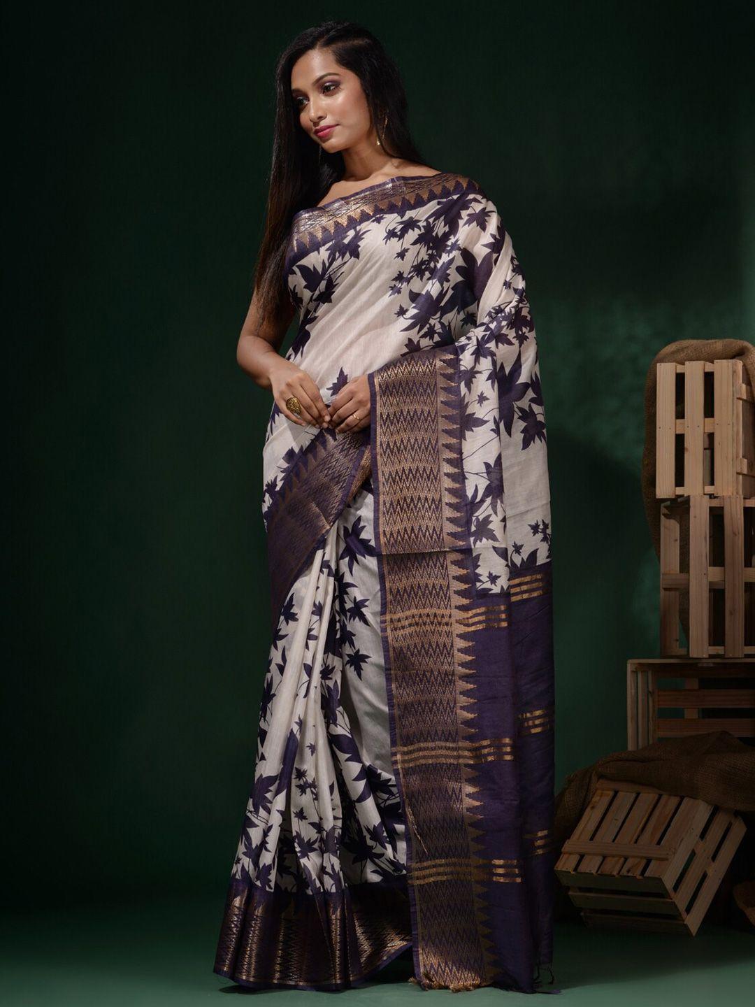 charukriti white & violet floral zari silk blend saree