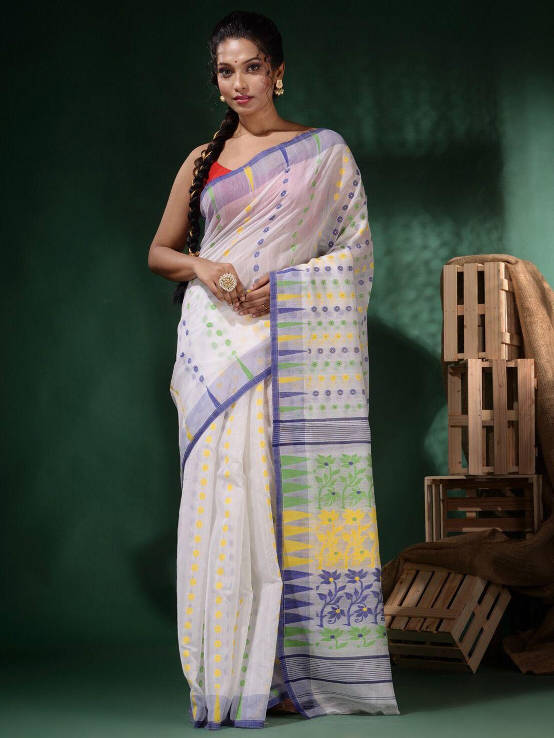 charukriti white & yellow woven design pure cotton jamdani saree