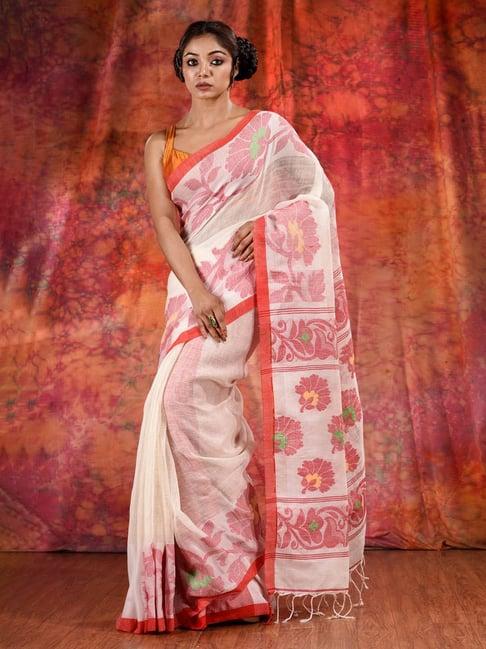 charukriti white floral saree with blouse