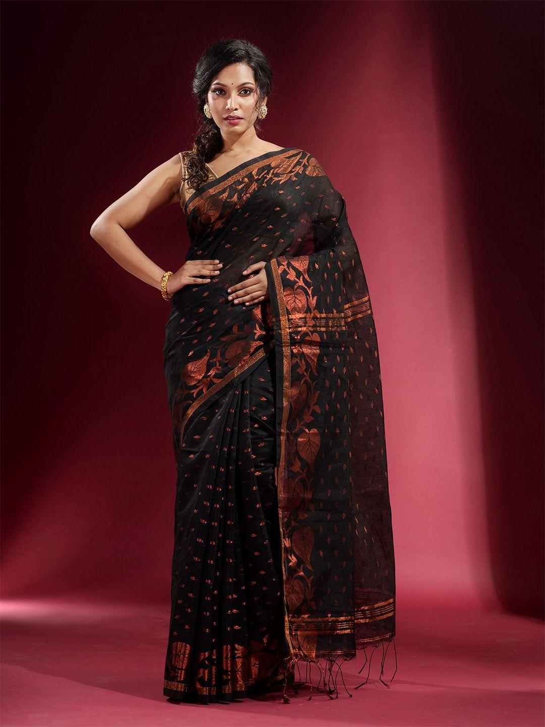 charukriti women black & copper-toned floral zari pure cotton saree