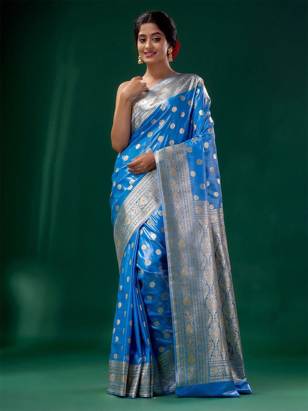 charukriti women blue & silver-toned woven design zari pure silk saree