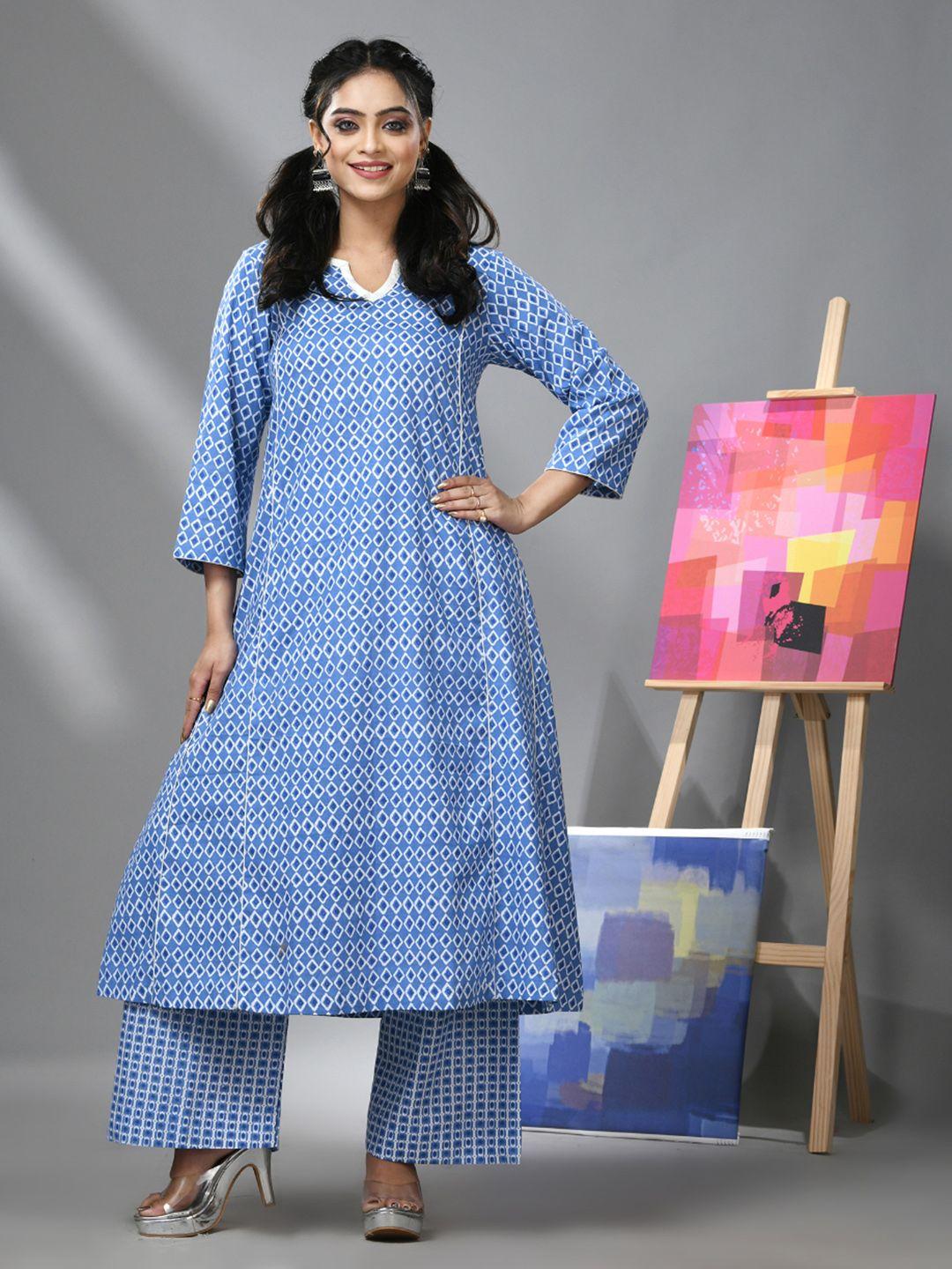 charukriti women blue printed regular pure cotton kurta with palazzos