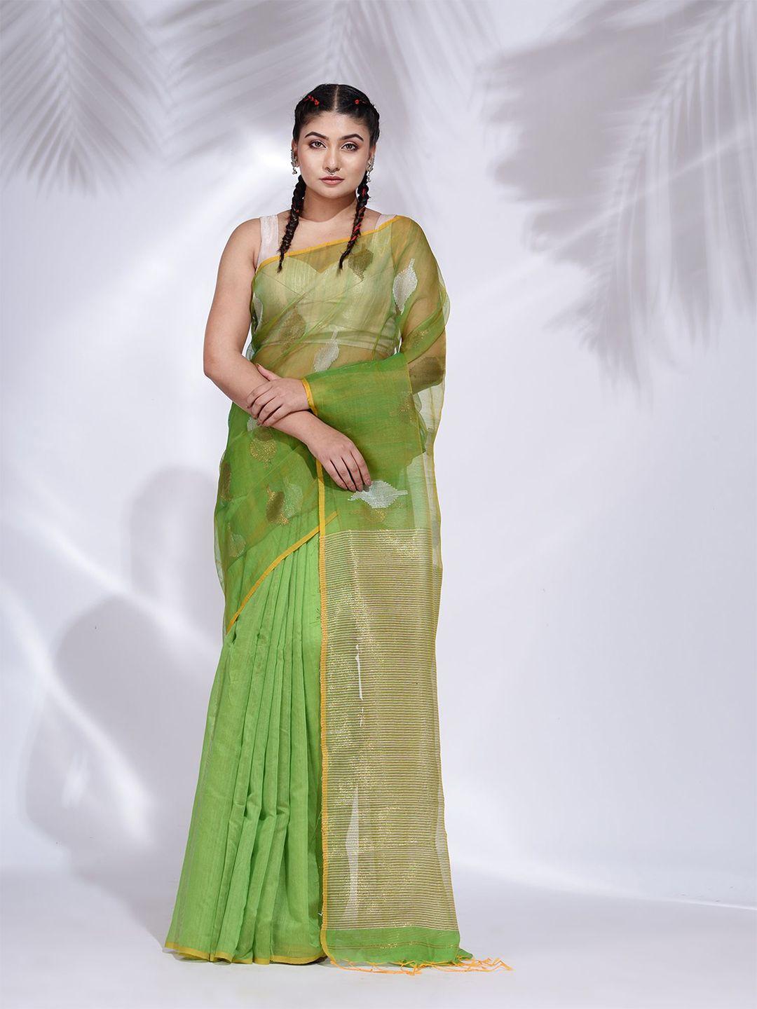 charukriti women green & gold-toned ethnic motifs woven design saree with zari pallu saree