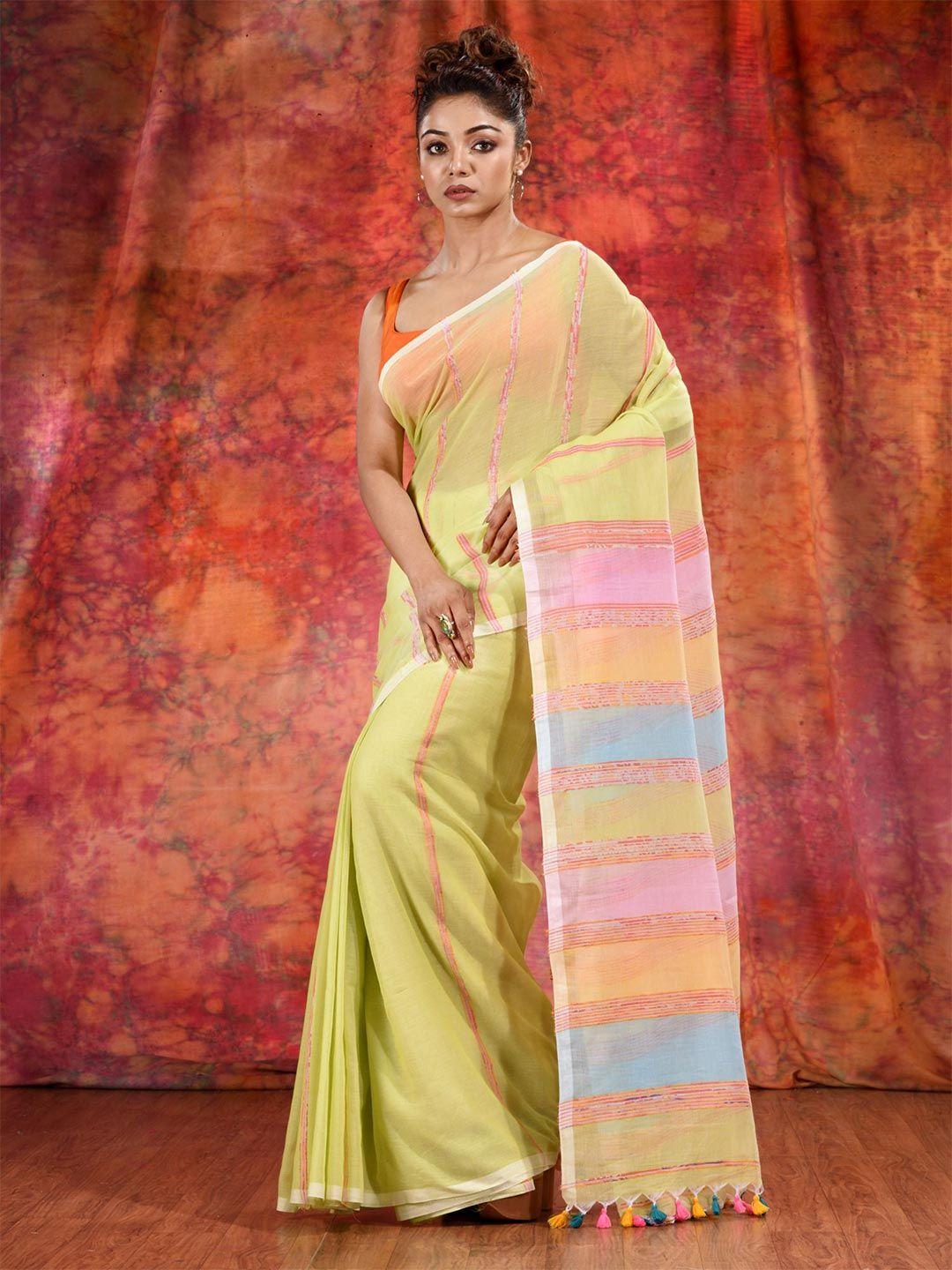 charukriti women lime yellow & pink pure cotton saree